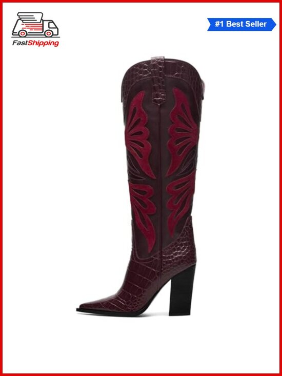Shoes - ✨ VOMIRA Women's Pointed Toe Chunky Heel Butterfly Cowboy Boots Wide Calf Knee